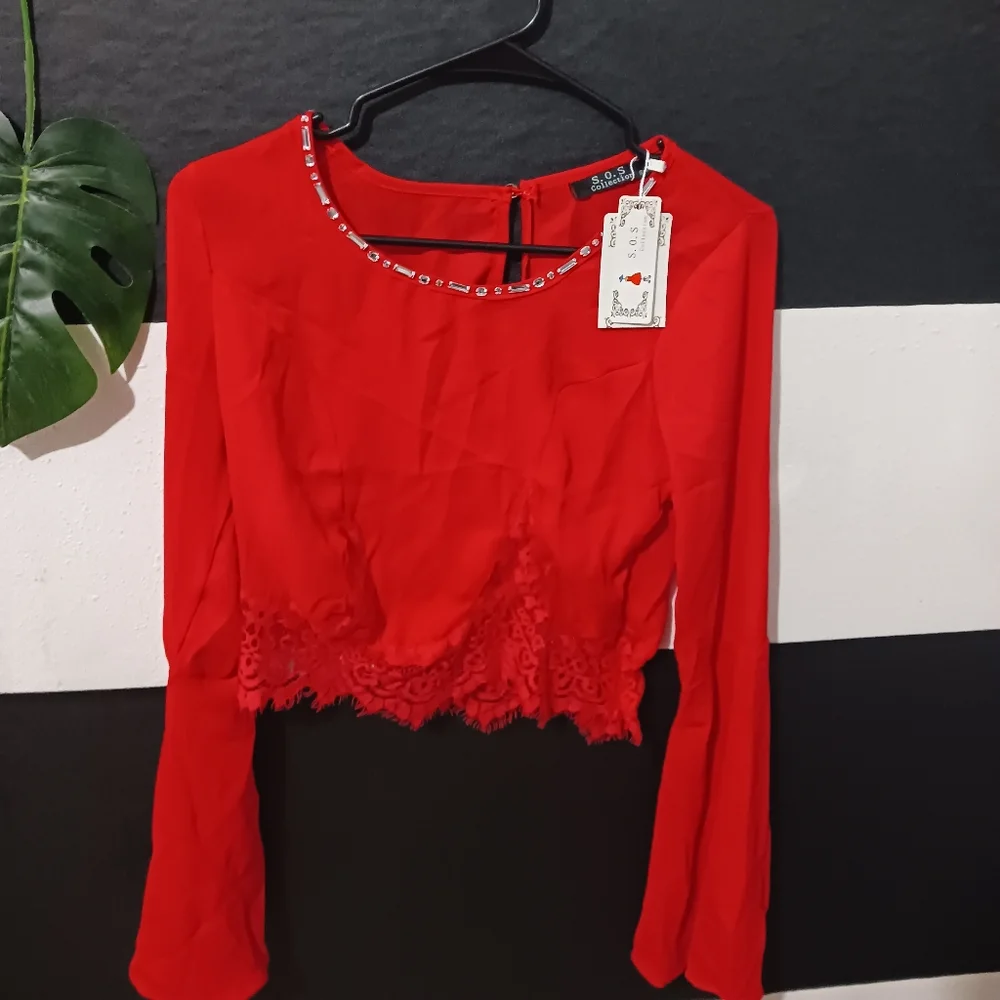 Bundle of NEW Women rhinestone bling round neck bell sleeve blouses - Picture 4 of 16